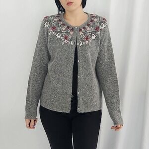 Dressbarn‎ Gray and Pink Silk, Nylon, and Angora Cardigan